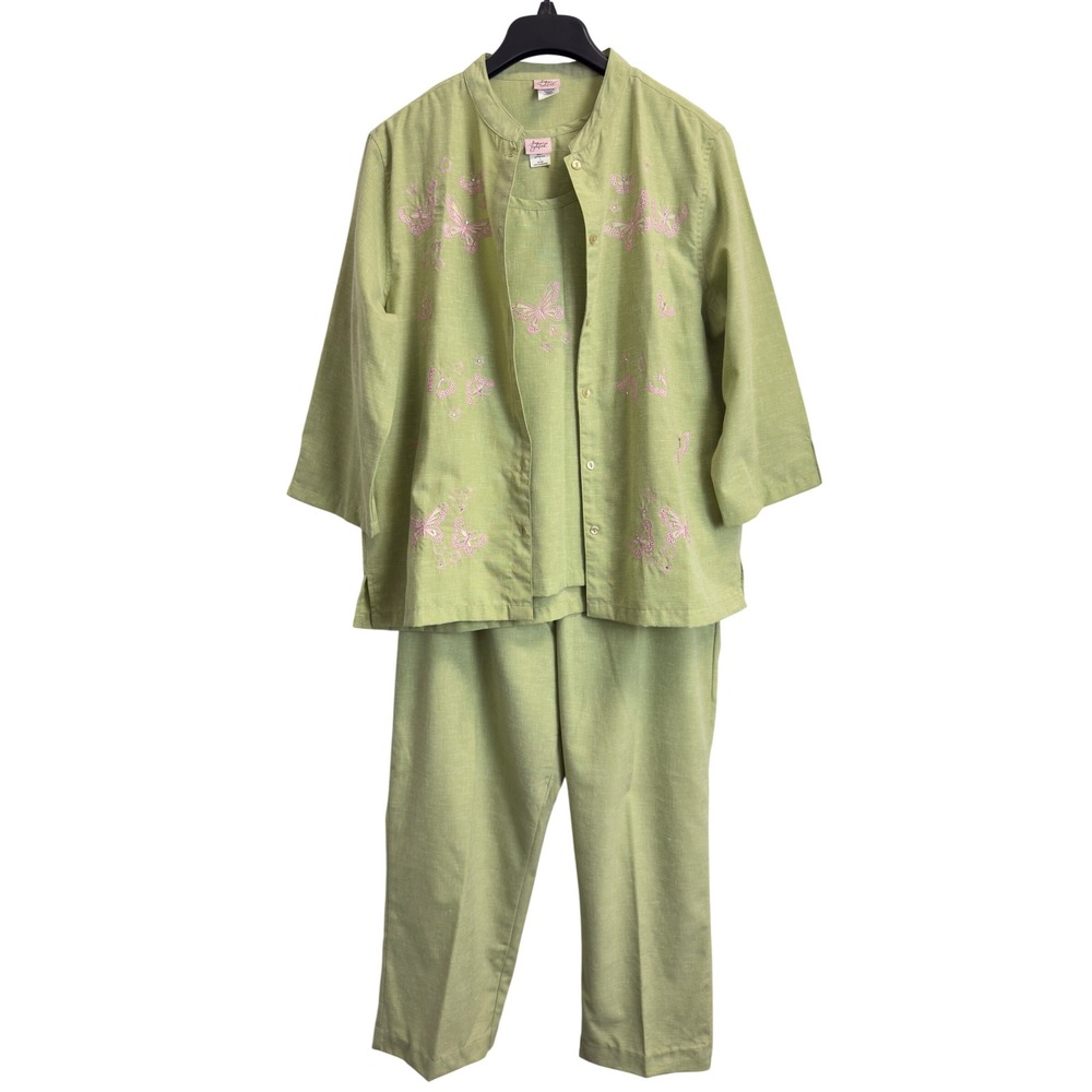 Adrian Delafield Women's L 3pc Set Green Linen Embroidered Jacket Shell Pants